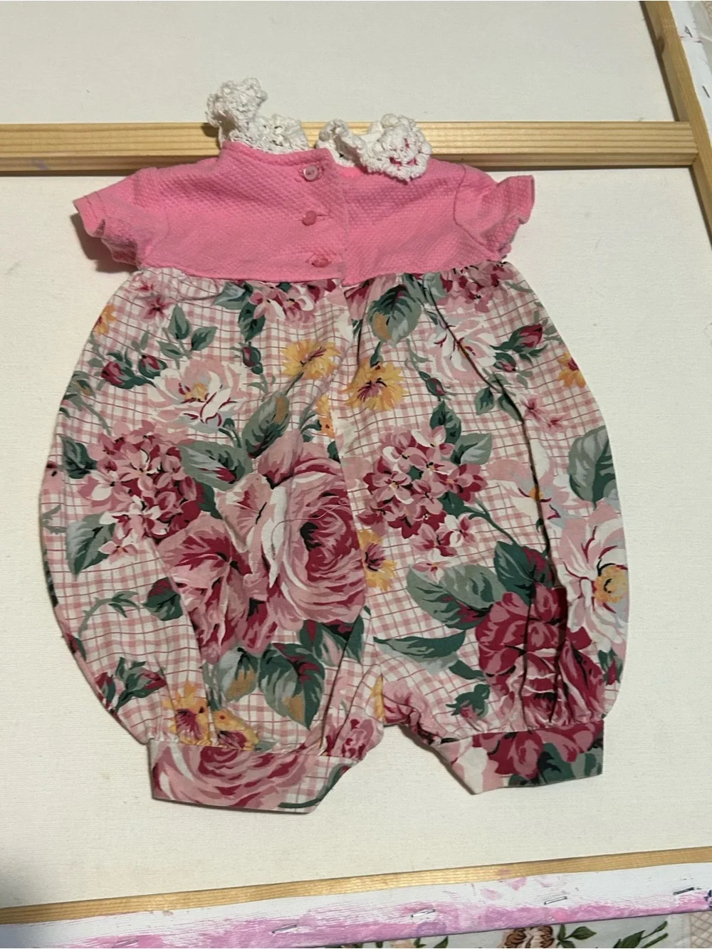 Baby Girls Pink Floral Romper with Crochet Collar